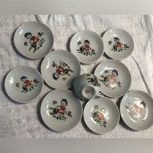 Japan Porcelain 1960s Doll Child Dishes Girl Flowers Plates Cup Vintage
